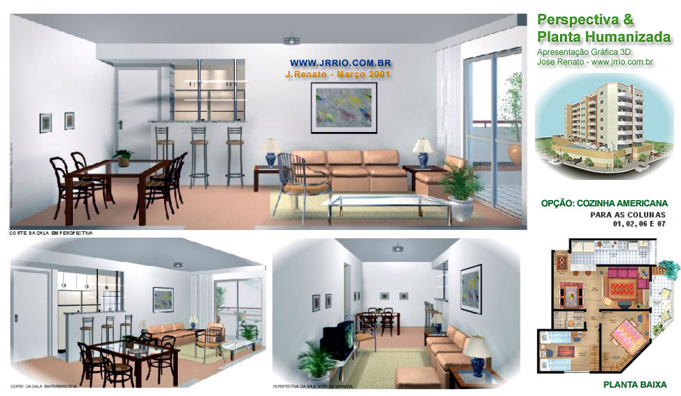 3d interior renderings | Perspective views of an small apartment�s lounge, bar and dining space